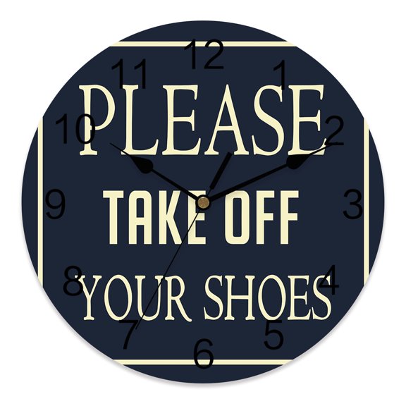 10 Inch Please Take Off Your Shoes Wall Clock, Deep Blue Background Vintage Text Battery Operated Silent Non Ticking Clocks, Easy to Read Round Wall Clock for Kitchen/Living Room/Bedroom/Bathroom