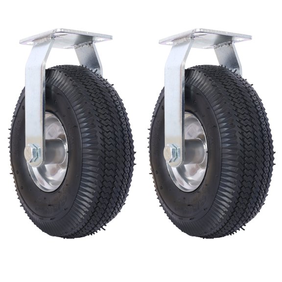 10 Inch Pneumatic Caster Wheels with Rigid Plate, 2-Pack Fixed Casters for Manual Applications, 300 lbs Load Capacity, 5/8 Inch Bore Centered Axle, Black Rubber Tires