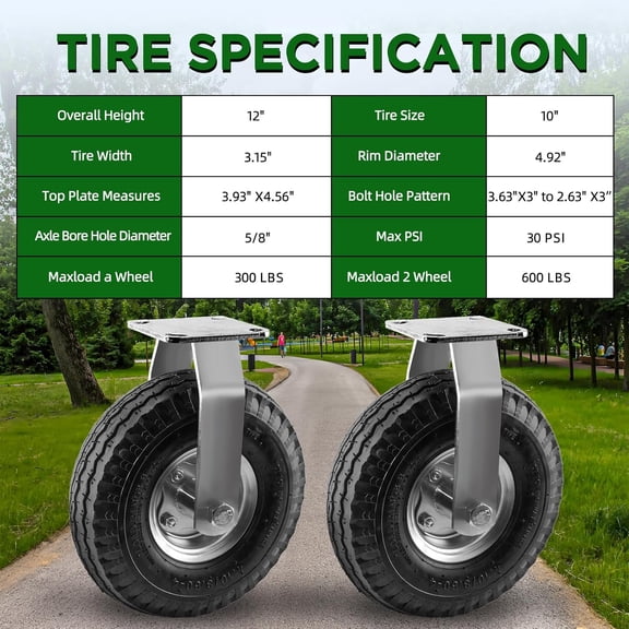 10 Inch Pneumatic Caster Wheels with Zinc Top Plate, All Terrain Black Rubber Casters for Cart Dolly Trolley Workbench Wagon, 600 Lbs Capacity (2 Pack)