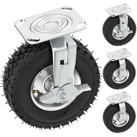 10 Inch Pneumatic Casters Set of 4 (2 Swivel/ 2 Rigid), Heavy Duty Casters, Tolerable 1300 LBS, Rubber Knobby Tread for Workbench, Cart, Trolley, Wagon and Shelves