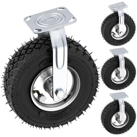 10 inch Pneumatic Casters, Set of 4 (2 Swivel & 2 Rigid), Heavy‑Duty Industrial Casters, 1300 lbs Load Capacity, Knobby Rubber Tread for Workbench, Dolly, Cart & Wagon