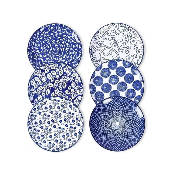 10 Inch Porcelain Dinner Plates, Large Size Ceramic Plates Salad, Pancakes, Scratch Resistant, Microwave, Oven And Dishwasher Plates Set Of 6, Vintage Blue