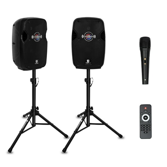 10-Inch Portable Powered PA Speaker System, 800W Peak with Bluetooth, Mic, Remote Control & Tripod Stands