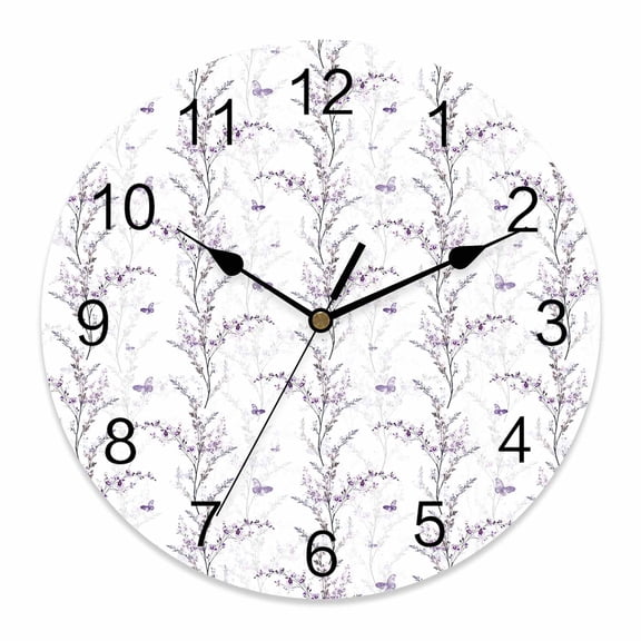 10 Inch Purple Butterfly Wall Clock, Lavender Bud Printing Battery Operated Silent Non Ticking Clocks, Easy to Read Round Wall Clock for Kitchen/Living Room/Bedroom/Bathroom