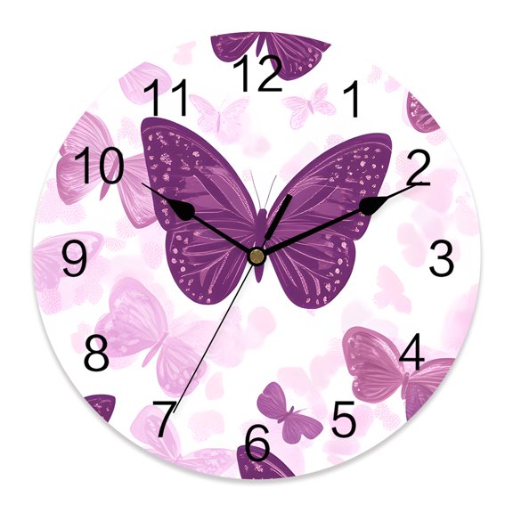 10 Inch Purple Butterfly Wall Clock, Pink Bug Modern Art Cartoon Style Battery Operated Silent Non Ticking Clocks, Easy to Read Round Wall Clock for Kitchen/Living Room/Bedroom/Bathroom