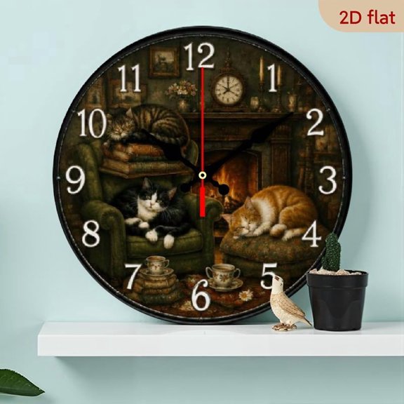 10-Inch Quiet Wall Clock - Decorative Vintage Cat Bookshelf Motif - Farmhouse Rustic Home Accents - Clear Black Indicators - Battery Operated - Great for Office, Kitchen, Living Room