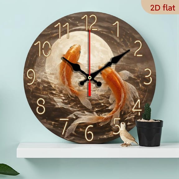10 Inch Quiet Wood Wall Clock, Dual Koi Fish Graphic for Home Decor, Battery Operated, Chic Golden Accents, Great Gift for Any Occasion