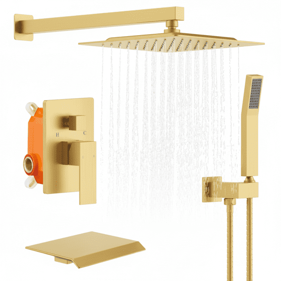 10 Inch Rain Shower System with Waterfall Tub Spout, Brushed Gold Wall Mounted Tub Shower Faucet Set with Rainfall Head Handheld Sprayer, Pressure Balance Rough-in Valve Brass Bathroom Shower Combo