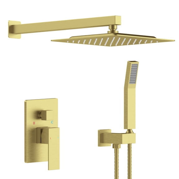 10 Inch Rainfall Shower System Set, Brushed Gold Wall Mounted Shower Faucet Combo with Rain Shower Head and Handheld Spray, Brass Mixer Valve 304 Stainless Steel Bathroom Shower System