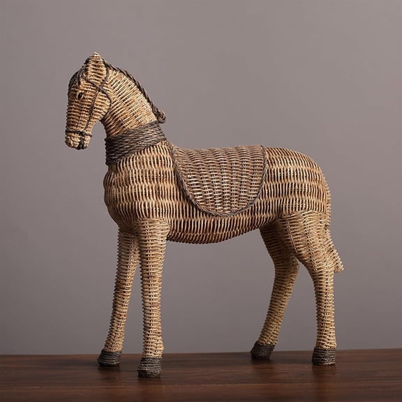 10 Inch Rattan-Style Horse Statue, Handcrafted Resin Horse Sculpture for Western & Boho Decor, Rustic Animal Figurine for Office Desk & Bookshelf, Meaningful Equestrian Gift, Lazyguy