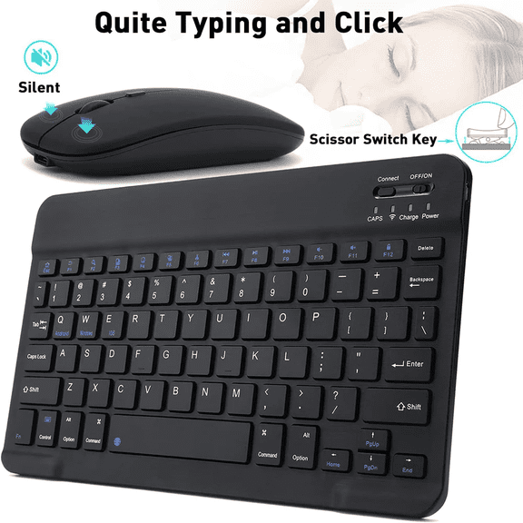 10 Inch Rechargeable Bluetooth Wireless Keyboard, AZERTY French Layout with Russian & Spanish Keycaps, Portable Slim Keyboard Compatible with Android, iOS, Windows Phones and Tablets