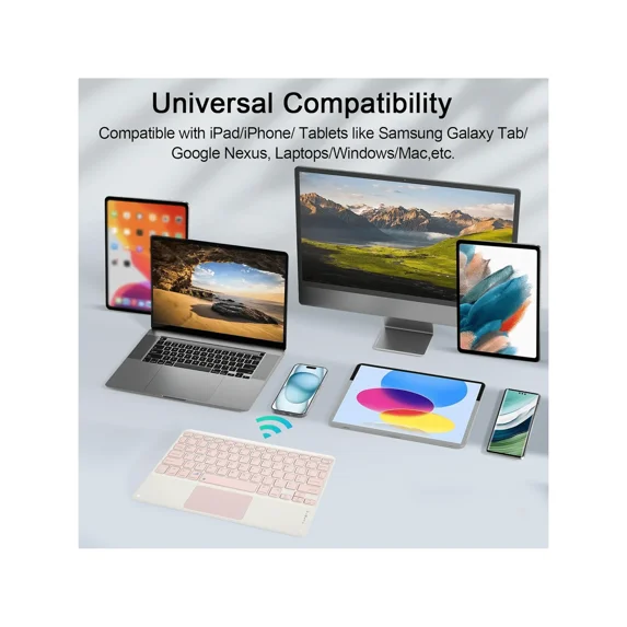 10 Inch Rechargeable Wireless Bluetooth Touchpad Keyboard - Thin & Portable, Compatible with iPad, iOS, Android, Windows, Long Battery Life pink