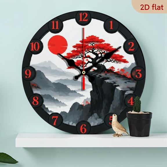 10 Inch Red Maple Tree Silent Wall Clock - Zen Garden Wood Art, Non-Ticking Japanese Style Timepiece for Living Room, Bedroom, Office, Kitchen - Ideal Anniversary Gift