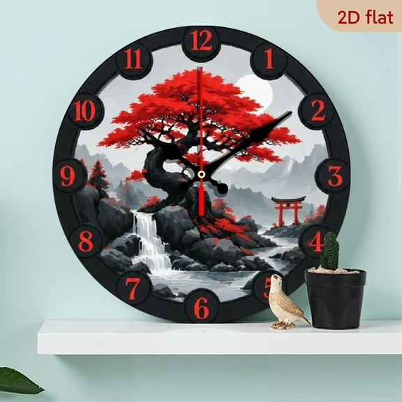 10 Inch Red Maple Tree Wall Clock - Zen Garden Inspired Non-Ticking Wood Decor, Quiet Japanese Scenery Timepiece for Kitchen, Bedroom, Office - Perfect Anniversary Present