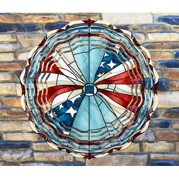 10 Inch Red White Blue Stars & Stripes Stained Glass Look Wind Spinner Yard Decor Aluminum Sublimated Garden Art Indoor Outdoor 3D Kinetic