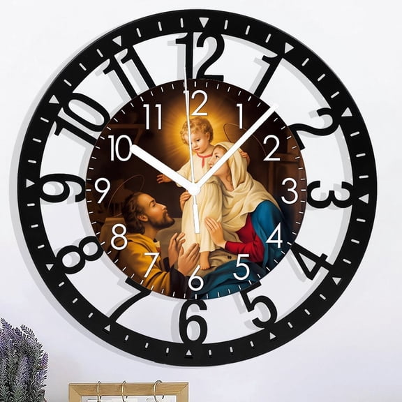 10 Inch Religious Nativity Scene God And Virgin Mary Pattern Iron Circular Clock Living Room Bedroom Kitchen Home Decoration Silent Quartz Clock Holiday Gift (No Battery)