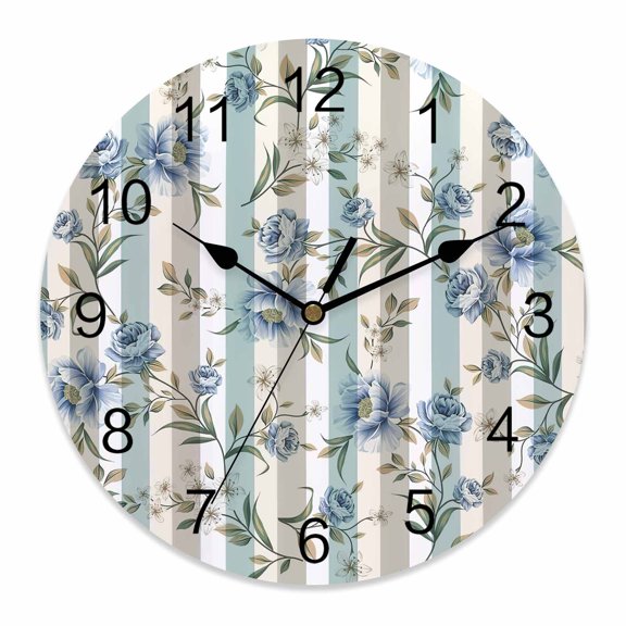 10 Inch Retro Blue Wall Clock, White Flowers Grey Stripe Battery Operated Silent Non Ticking Clocks, Easy to Read Round Wall Clock for Kitchen/Living Room/Bedroom/Bathroom