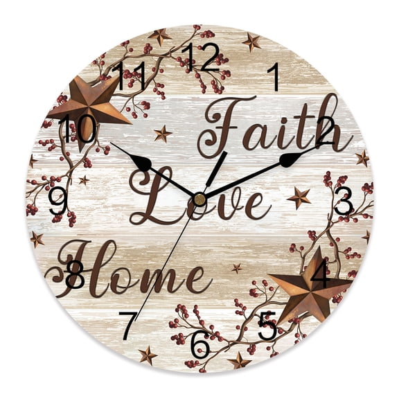 10 Inch Retro Country Stars Wall Clock, Faith Love Home Berries Farmhouses Brown Battery Operated Silent Non Ticking Clocks, Easy to Read Round Wall Clock for Kitchen/Living Room/Bedroom/Bathroom