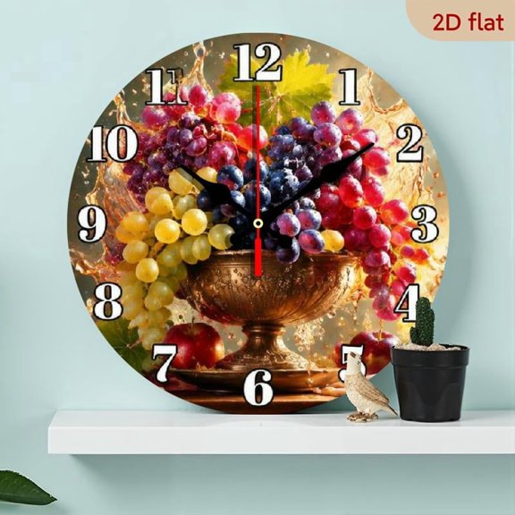 10 Inch Retro Grape Fruit Pattern Wooden Wall Art Clock, Classical Quiet Timepiece, Non-Ticking for Kitchen, Living Room, Office, Bedroom Decor, Home Decoration, Thoughtful Holiday & Birthday