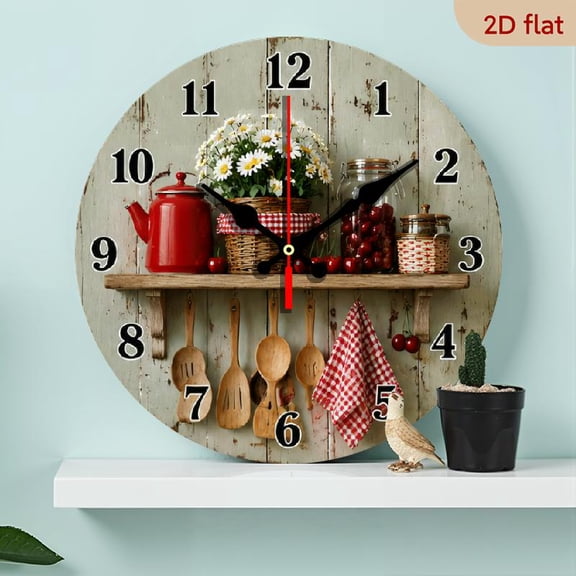 10 Inch Retro Kitchen Wall Clock with Red Cherry Teapot Motif, Rustic Decor for Cafe, Garage, or Kitchen, Battery Operated, Round Style
