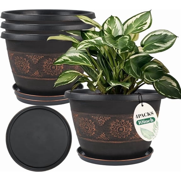 10 Inch Retro Plant Pots 4 Pack with Drainage and Saucers Copper
