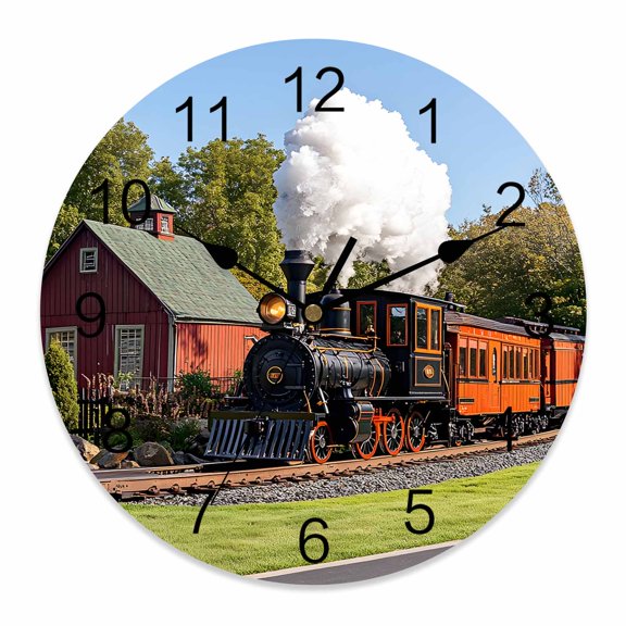 10 Inch Retro Wall Clock, Train Motor Vehicle Building Sky Grass Country Scenery Battery Operated Silent Non Ticking Clocks, Easy to Read Round Wall Clock for Kitchen/Living Room/Bedroom/Bathroom