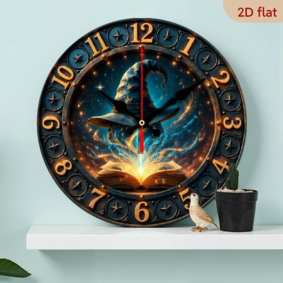 10 Inch Retro Wizard Hat and Book Wall Clock, Silent Quartz Mechanism with Faux Wood Finish, Perfect for Halloween or Fantasy Decor, Requires AA Batteries