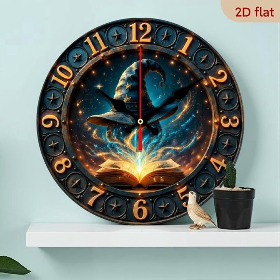 10 Inch Retro Wizard Hat and Book Wall Clock, Silent Quartz Mechanism with Faux Wood Finish, Perfect for Halloween or Fantasy Decor, Requires AA Batteries