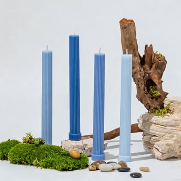 10 Inch Ribbed Pillar Candles, 4 Pack Morandi Pastel Long Stem Candles, Smokeless Unscented Cylindrical Candles for Wedding, Party, Home Decor-Blue Dawn
