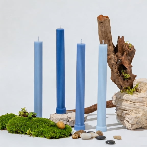 10 Inch Ribbed Pillar Candles, 4 Pack Morandi Pastel Long Stem Candles, Smokeless Unscented Cylindrical Candles for Wedding, Party, Home Decor-Blue Dawn