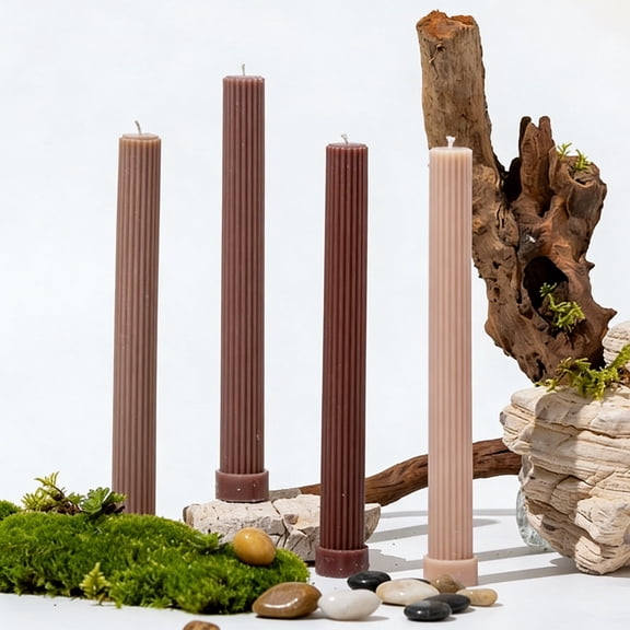 10 Inch Ribbed Pillar Candles, 4 Pack Morandi Pastel Long Stem Candles, Smokeless Unscented Cylindrical Candles for Wedding, Party, Home Decor-Mocha Brown
