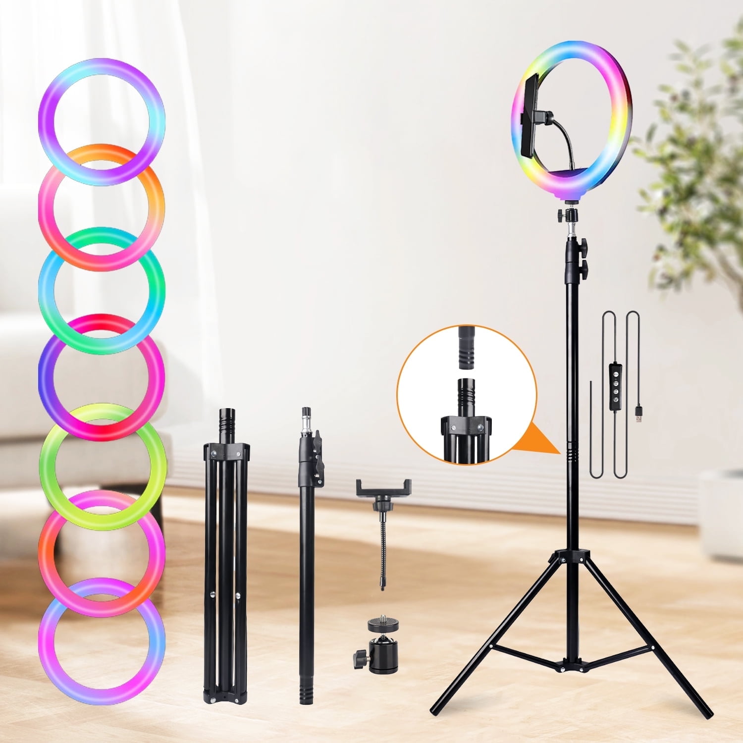 10 Inch Ring Light with 63" Tripod Large& 16.1" Extension Ro, Professional Ring Light with 8 RGB Mode for Youtube/Make-up, LED Lamp Ring Light Flashes for Cameras