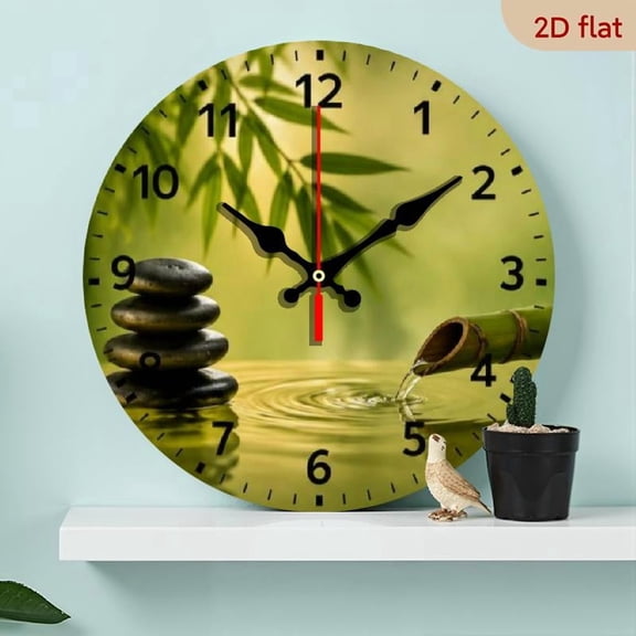10 Inch Round Bamboo Clock, Modern Zen Minimalist Wall Decor, Creative Stone and White Flower Print, Silent Quartz Wood Clock, Fits Office Kitchen Bedroom Bathroom, Battery Operated