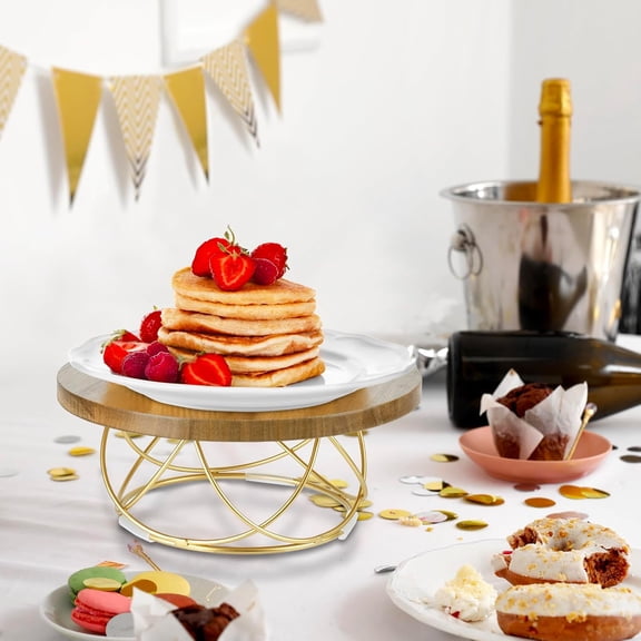10 Inch Round Cake Stand, Premium Acacia Solid Wood Gold Tone Metal Wire Pizza Pan Serving Stand, Table Display Riser for Cupcake Pie Dessert Wedding Party Decor