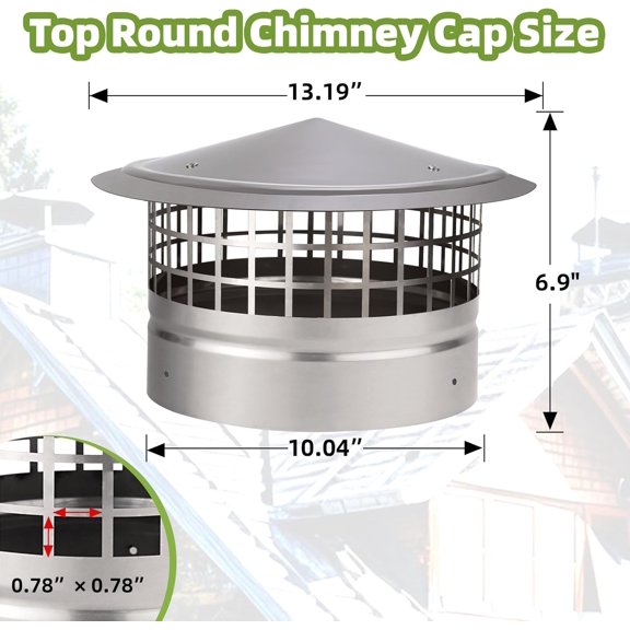 10 Inch Round Chimney Cap with Screen - 304 Stainless Steel Roof Rain Cover for Wood Stove, Fireplace Ventilation &