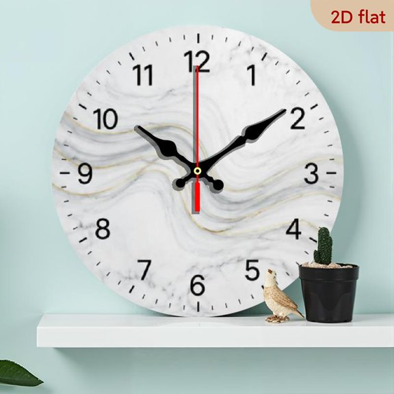 10 Inch Round Marble Print Wall Clock, Quiet Non-Ticking Quartz Clock, Stylish Monochrome Stone Design with Wood Frame, Contemporary Decor for Living Room, Kitchen, Office, Best Gift for New Y