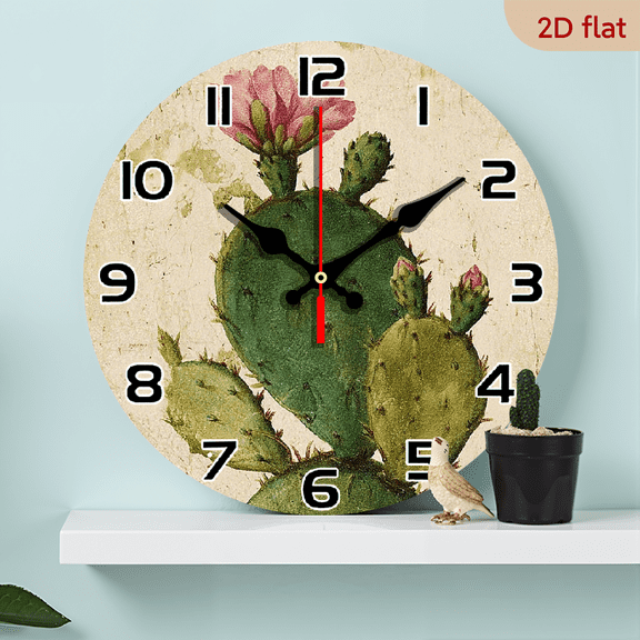 10 Inch Round Wall Clock Farmhouse Cactus Flower Clock Decorative Wooden Wall Clock Rustic Battery Operated Silent Wall Clock Hanging Wall Decor for Home Offiice Bedroom