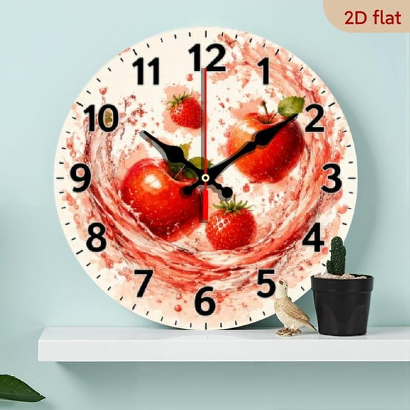 10 Inch Round Wood Wall Clock, Fruit Print with Apples Cherries - Silent Non-Ticking Kitchen Decor, Easy-to-Read Learning Clock, Battery Operated (AA Not Included)