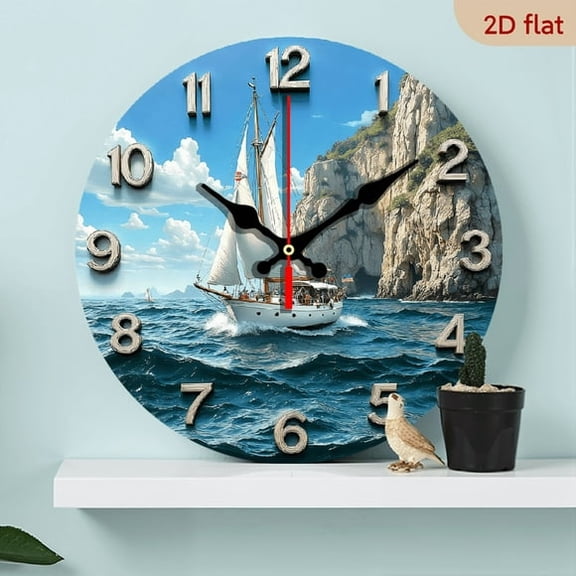 10 Inch Round Wooden Wall Clock Nautical Sailboat Ocean Waves Design, Silent Battery Operated Large Brown Numerals for Marine Home Decor