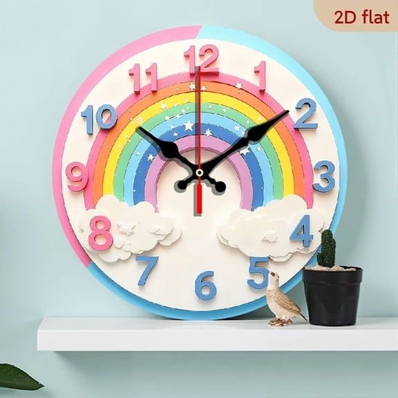 10 Inch Round Wooden Wall Clock Rainbow Colorful Numbers Clouds Design, Silent Easy to Install for Home, Bedroom, Kitchen, Living Room Easter Christmas Gift