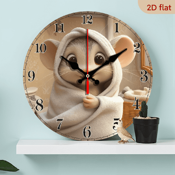 10 Inch Round Wooden Wall Clock with Cute Mouse Hands Large White Face, Silent Swiss Mechanism for Bedroom, Living Room Decor