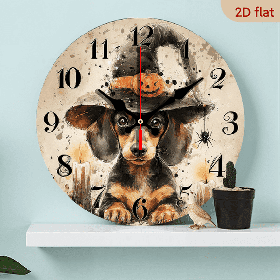 10 Inch Round Wooden Wall Clock with Halloween Dachshund Theme, Silent Non-Ticking for Bedroom, Dining Room, Entryway, Lounge Decor