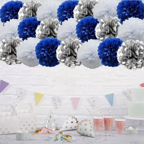 10-Inch Royal Blue Silver White Tissue Paper Pom Poms - 21 Pack