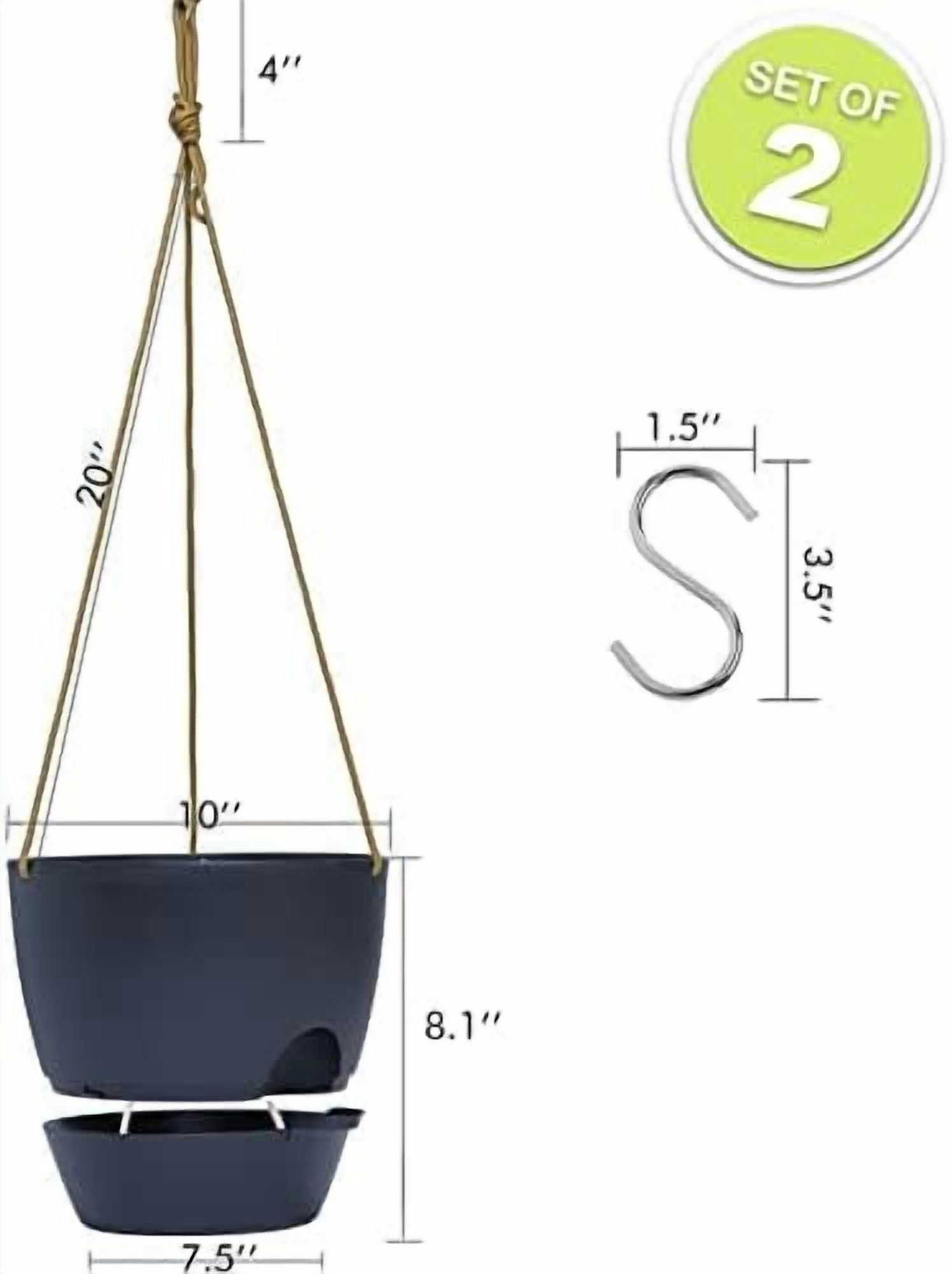 10 Inch Self Watering Hanging Pots, 2 Pack Hanging Planters with 40oZ Deep Reservior for Indoor Outdoor Plants Flowers, Black