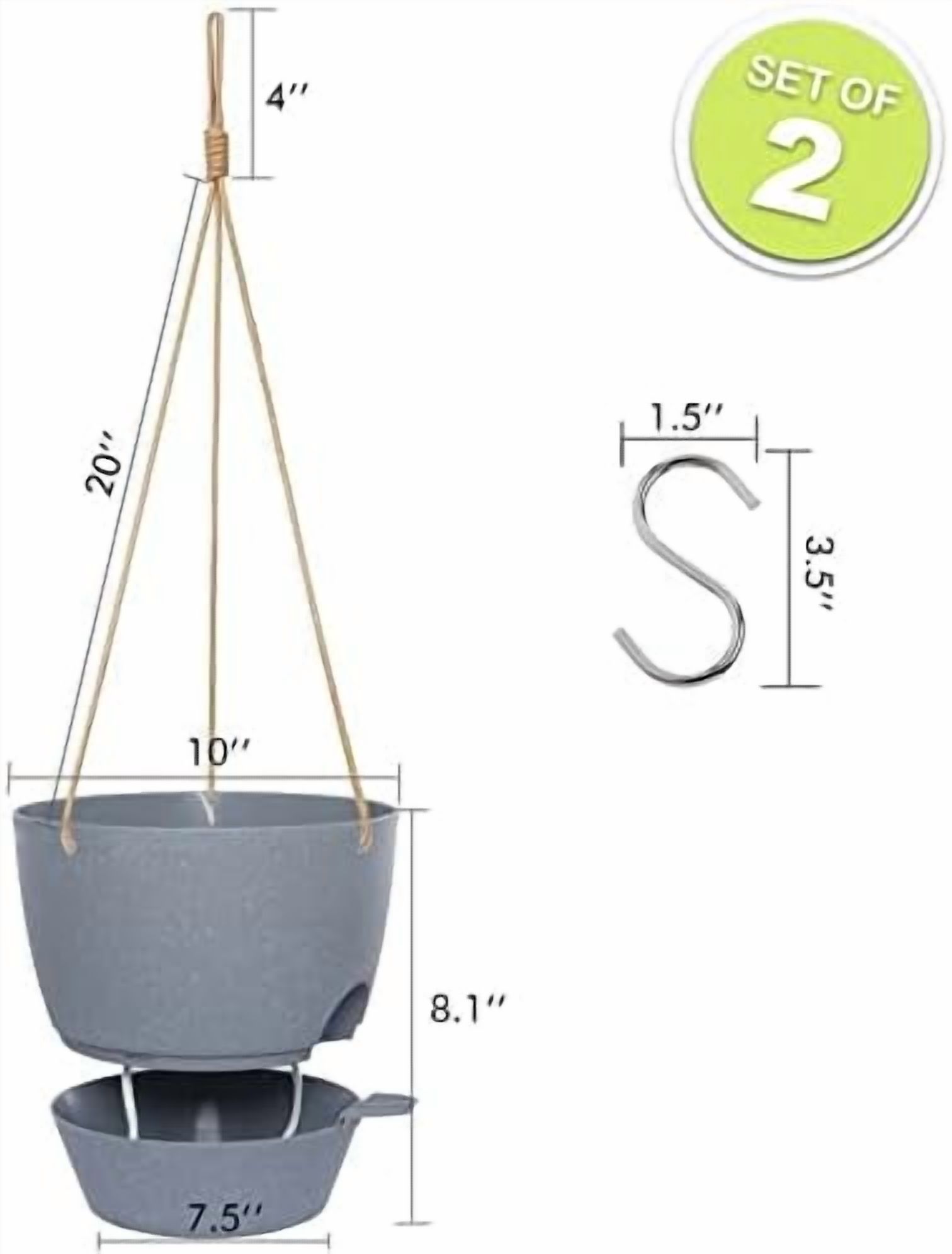 10 Inch Self Watering Hanging Pots, 2 Pack Hanging Planters with 40oZ Deep Reservior for Indoor Outdoor Plants Flowers, Grey