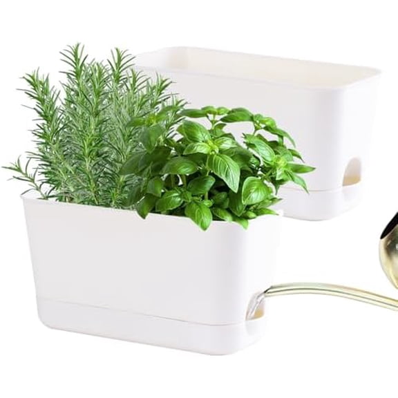 10 Inch Self Watering Planters for Indoor Plants: 2 Packs Rectangular Plant Pots with with Drainage and Tray, Window Pot Self Watering Planter for Herb, Houseplants
