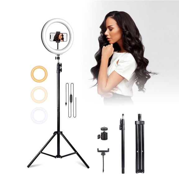 10-inch Ring Light Tripod (63 inches) with Phone Mount 3 color modes, USB-powered, compatible with iPhone and Android phones, perfect for YouTube, makeup, and TikTok