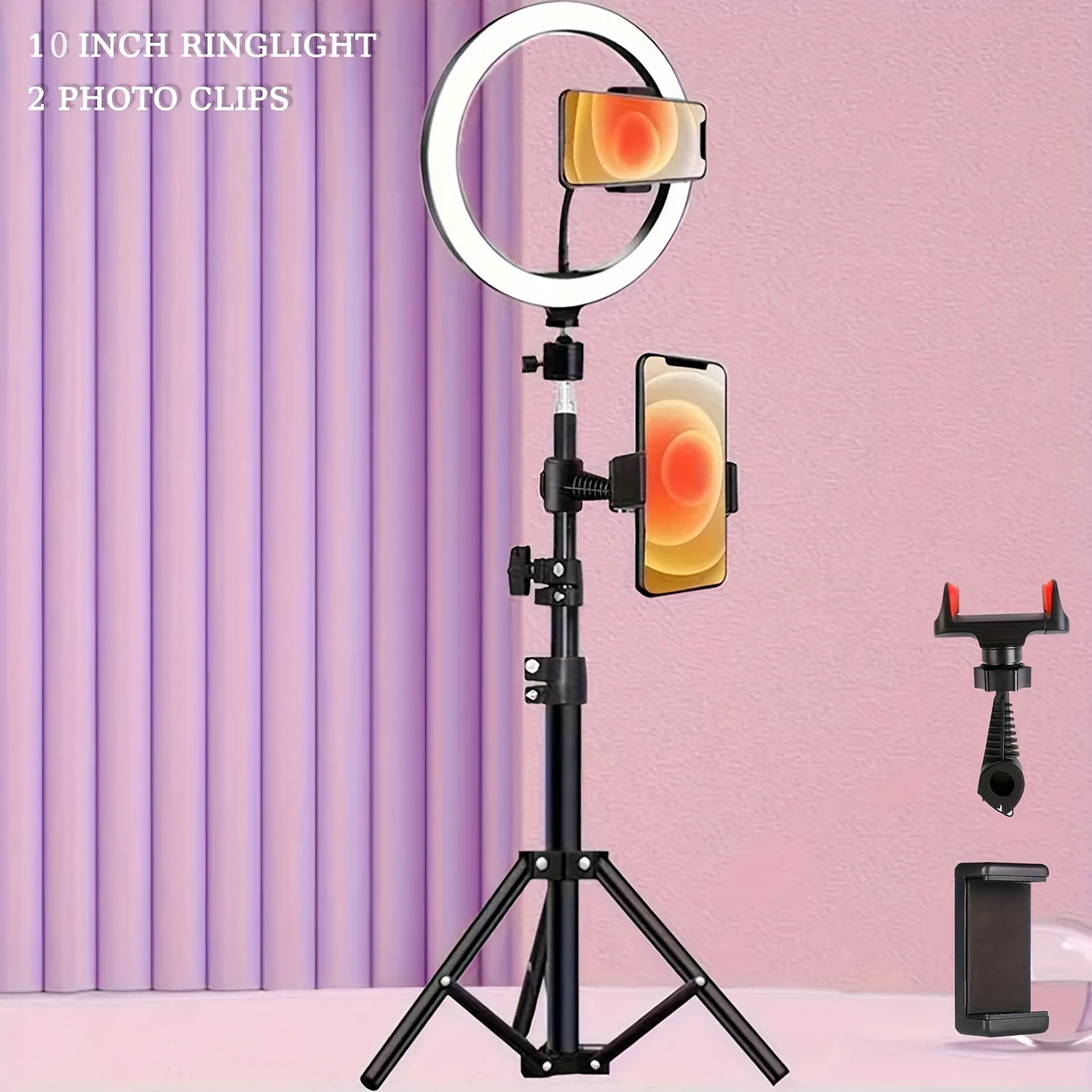 10 Inch Selfie Ring Light with And 2phone Clips & Folding Tripod Stand for Phone Selfie Camera Studio Video Dimmable Tripod Stand White
