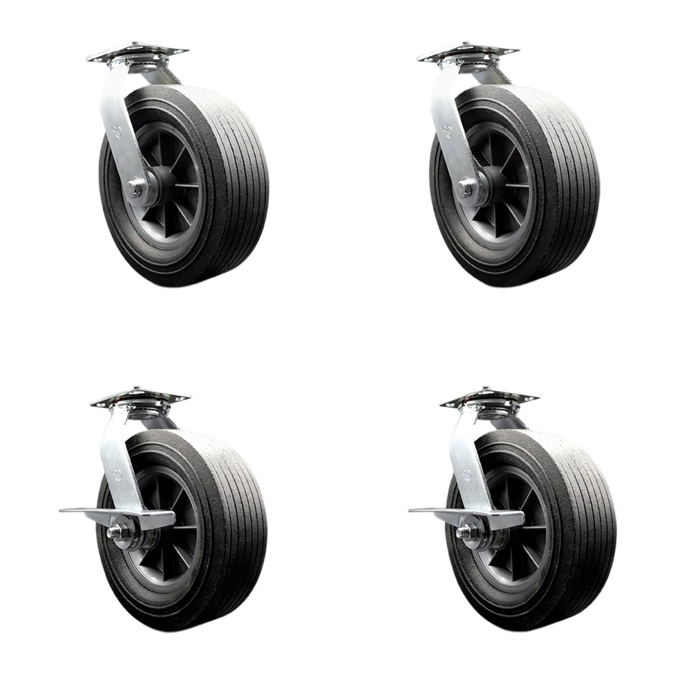10 Inch Semi Pneumatic Wheel Caster Set 4 Swivel with 2 Brakes Service ...