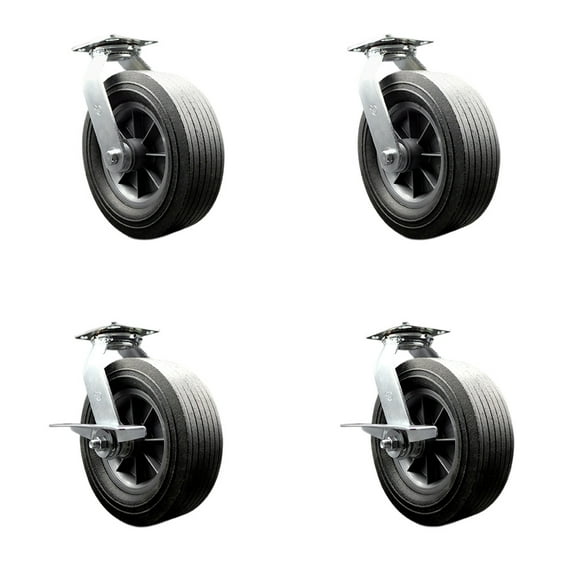 10 Inch Semi Pneumatic Wheel Caster Set 4 Swivel with 2 Brakes Service Caster
